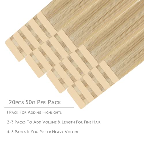 WENNALIFE Hellblond Highlights Goldblond Tape in Extensions Human Hair 40 cm, 50 g, 20 Pieces, Remy Hair Extensions