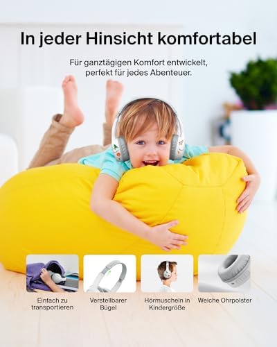 SoundForm Mini kabelloser Kinderkopfhörer mit integriertem Mikrofon und lustigen Aufklebern, 30 Std. Wiedergabe – Over-Ear-Kopfhörer für Unterricht, Ferien, iPhone, iPad, Galaxy – Weiß