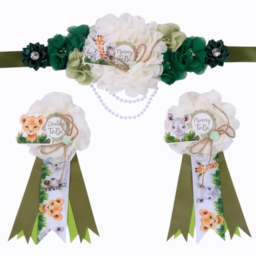 3 Pack Safari Mom to Be Sash Daddy to Be Corsage Pins Flower, Jungle Animal Baby Shower Sash, Maternity Sash Belly Belt Gift for Gender Reveal Baby Shower Decorations Mommy Dad