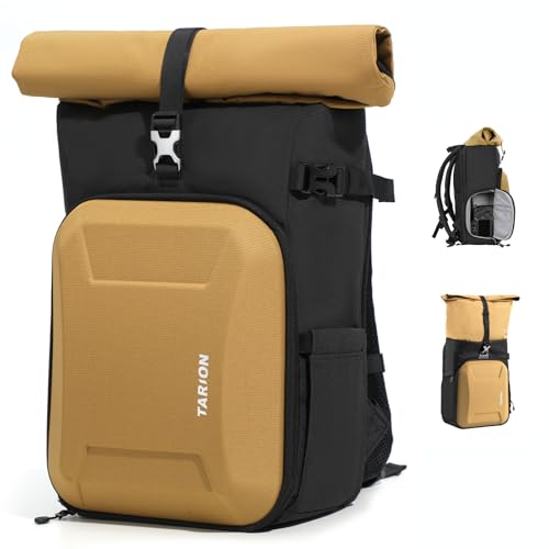 Rolltop Mochila Cámara con Hardshell - Gran Bolsa Fotográfica con Funda Portátil 16 Pulgadas y Acceso Lateral Rápido - Mochila Fotografía DSLR con Cubierta Impermeable Soporte Trípode Dorado XH