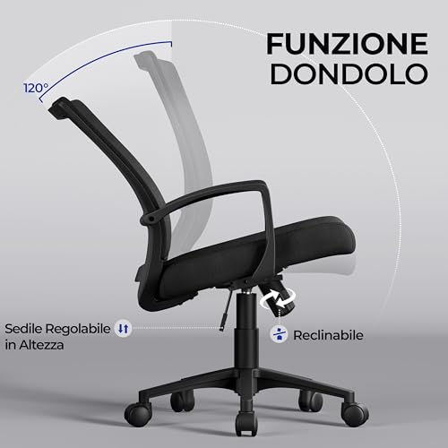 Yaheetech Office Chair Ergonomic Lumbar in Breathable Mesh Reclining Adjustable Height Swivel with Armrests and Wheels Capacity 136 kg Black