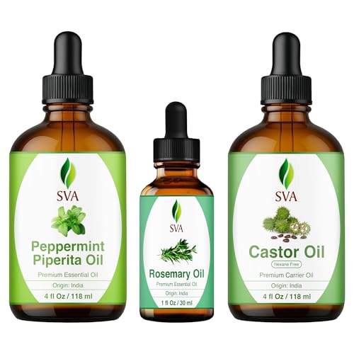SVA Castor Oil 4oz, Peppermint Essential Oil 4oz and Rosemary Essential Oil 1oz Bundle Super Saver Combo – Premium Grade Value Set for Scalp Massage, Hair Care, Skin Care, Body Massage & Aromatherapy