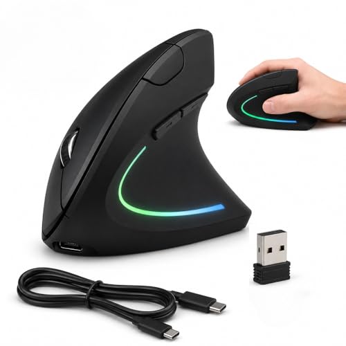 Mouse Ergonômico Vertical Recarregável Sem Fio, Bluetooth 5.0 + USB 2.4G, Cliques Silenciosos, RGB, DPI Ajustável 800-2400, Compatível com Notebook e PC