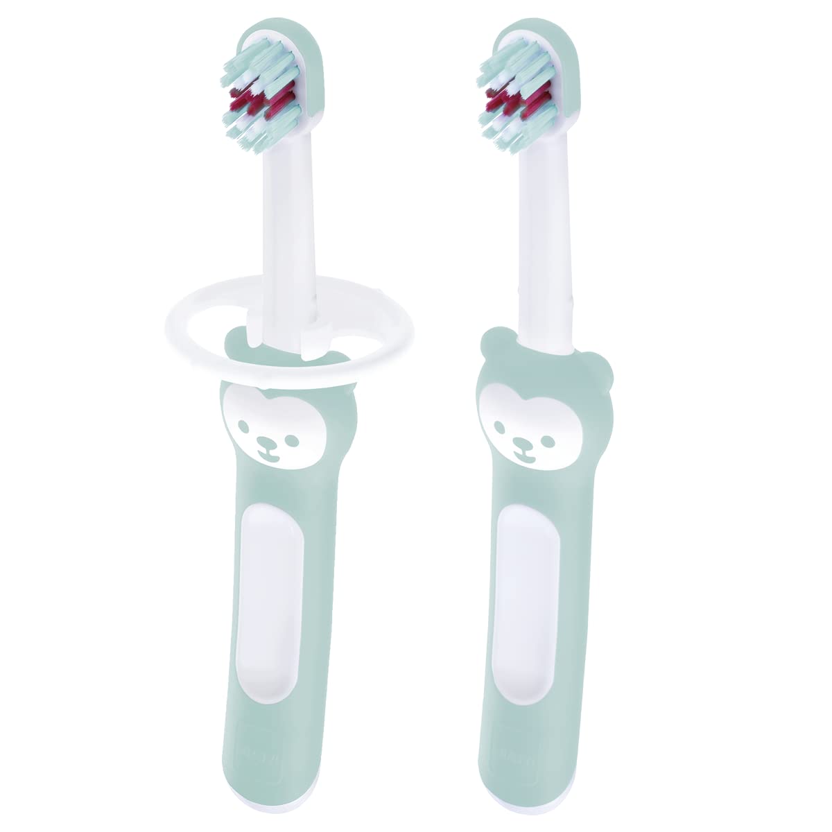 MAM Baby's Brush | 2 Pack | Toothbrush with Safety Shield | 6+ Months | For Teaching Dental Hygiene to Babies | Extra Soft Bristles | Ergonomic and Non-Slip | Blue/White