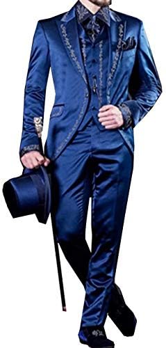 RONGKIM Men's Luxury Embroidery Classic 3 Pieces Men Tuxedo Slim Fit Wedding Formal Party Suit