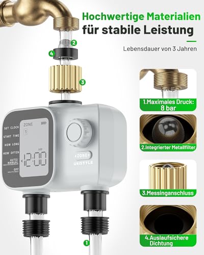 Unistyle Irrigation Computer 2 Outputs | New Edition 2026 - Automatic Garden Watering, Easy and Intuitive Operation, Brass Connection in Heavy Design, Flexible Irrigation Programs