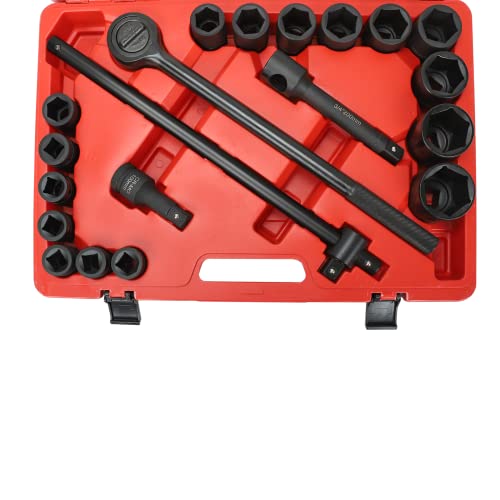 IFSICM 21Pcs Impact Socket Set, 3/4 drive socket set, 6 Point, 3/4" to 2" Extension Bar, 19mm