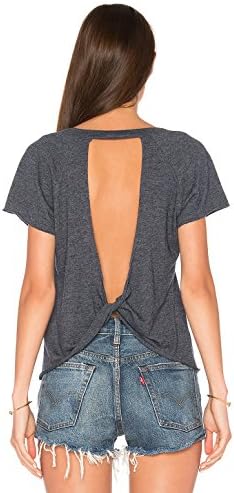 Mobisi Women's Backless Short Sleeve Round Neck Knotted Open Back Shirts Tops