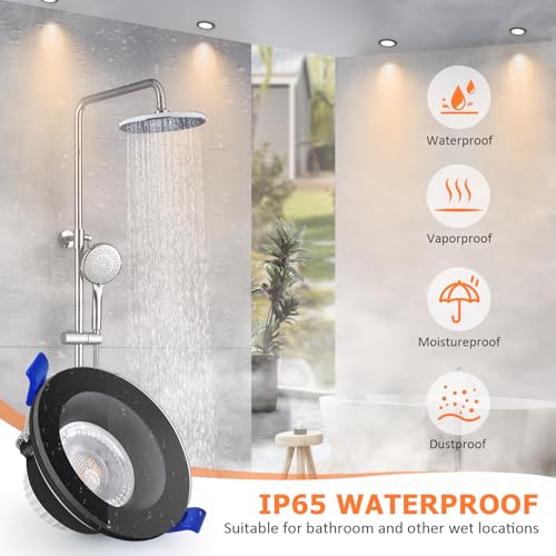 KYOTECH LED Recessed Spotlight 230 V 5 W IP65, Recessed Spotlight 68-75 mm, Extra Flat Bathroom Spotlight 3000K Warm White 3000K, Ceiling Spotlights for Bathrooms, Living Rooms, Kitchen, Hallway, Round Black Pack of 6