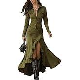 Womens Western Button Down Maxi Dress with Slit – Vintage Long Sleeve High Low Boho Cowgirl Flowing Dress