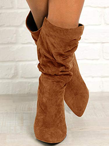 Womens-Winter-Slouchy-High-Heel-Boots-Mid-Calf-Suede-Slip-on-Chunky-Block-Pointed-Toe-Boots
