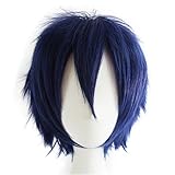Alacos Fashion Dark Blue Short Straight Layered Unisex Cosplay Wig Anime Wig Layered Hair + Wig Cap