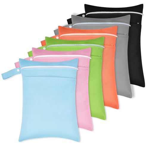 Afcabakila 6 Pack Wet Dry Bags for Diapers, Swimsuits, or Wet Clothes, Waterproof Reusable Travel Beach Pool Gym Bags with 2 Zippered Pockets, 6 Colors