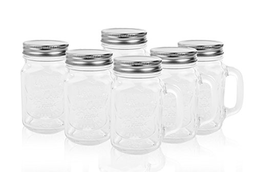 Golden Spoon Glass Drinking Jar/Mug with Handle, Stainless Steel Lid, Stainless Steel Colored Lid, Colored Straws, Regular Mouth, Dishwasher Safe, BPA Free, Set of 6 (16 oz/Pint)
