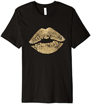 Mens Sexy Gold Metallic Lips Kiss Me Love Makeup Lipstick Shirt Large Black