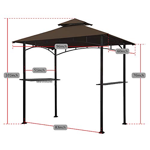 Keymaya 8x5 Grill Gazebo Shelter for Patio and Outdoor Backyard BBQ's, Double Tier Soft Top Canopy and Steel Frame with Bar Counters, Bonus LED Light X2 (Brown)