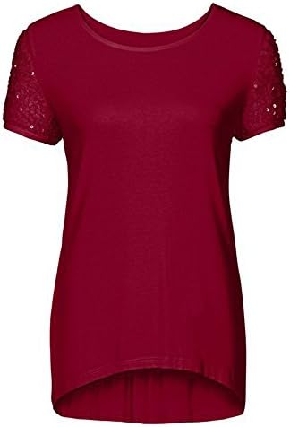 Kaximil Women's Casual Sequin Top Short Sleeve T-Shirts Crewneck Blouse Wine Red
