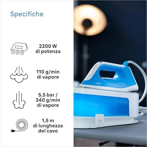 Carestyle1 IS1012BL, 5 ANNI DI ASSISTENZA, Ferro Generatore Di Vapore, Carica Continua, Termostato Regolabile, Tanica 1,5L, AUTOSPEGNIMENTO,Colpo Vapore 340g/min, Sistema Sicurezza, Azzurro