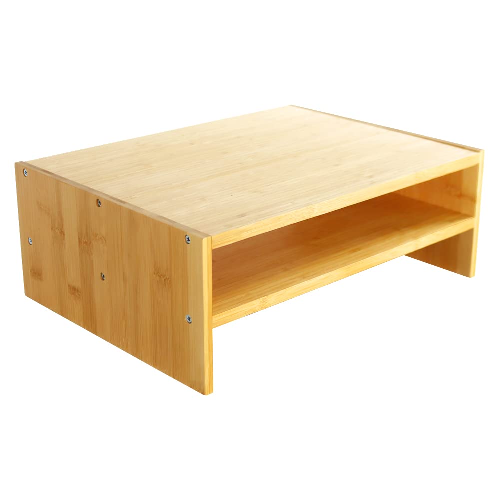 WKWKER 2-Tier Bamboo Monitor Riser Stand Computer Monitor Riser Desk Tidy Organizer For Workstation Home Office Printer Stand (Natural Color)
