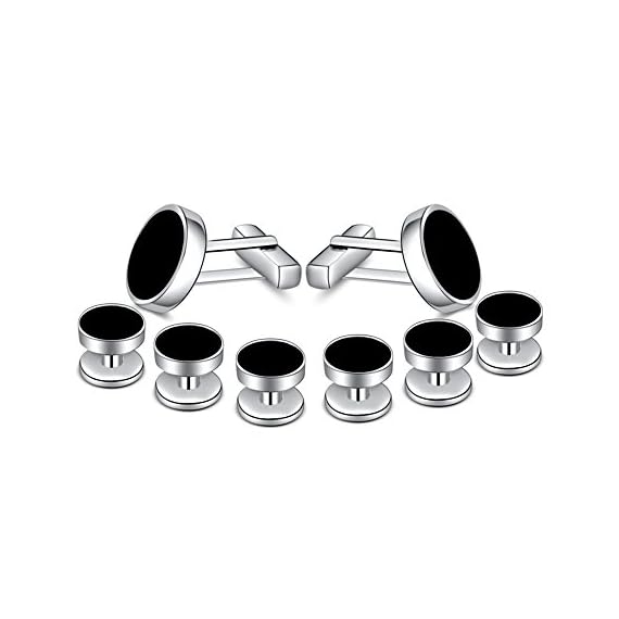 MERIT-OCEAN-Mens-Onyx-Cufflinks-and-Studs-Set-Silver-Black-Tuxedo-Shirts-Business-Wedding-Gift