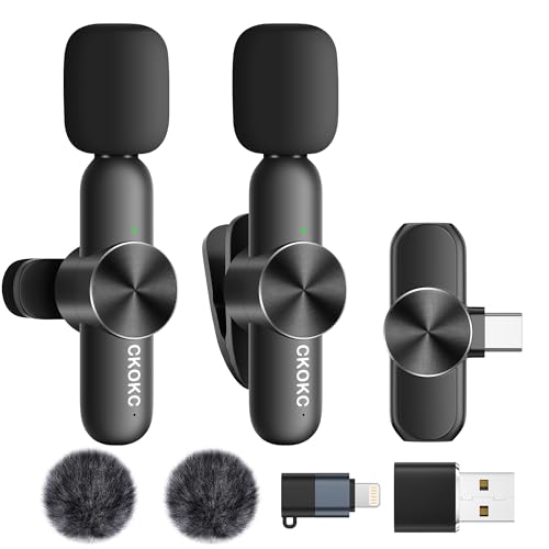 CKOKC Wireless Microphone for iPhone - Android Phone and Laptop PC, USB Microphones for Podcasting, Lavalier Microphone for Interview Video Vlog, with Microphone Pop Filters/Windscreen