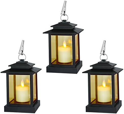 LED Lanterns with Cross Bar Design - Decorative Candle Lanterns,Pillar Candle with 5 Hour Timer included - Hanging or Sitting Decoration - Set of 3