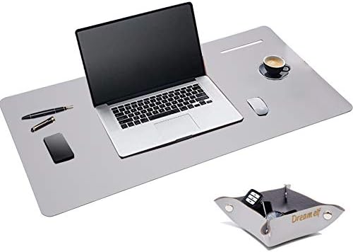 Multifunctional Office Desk Pad, Upgrade Non-Slip Waterproof PU Leather Mouse Pad，Leather Writing Pad for Desk(Gray, 35.4×17.7 in/90x45cm)