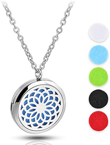 Lotus Shape Stainless Steel Diffuser Locket Essential Oil Pendant Set,with 24'' Premium Chain + 5 Thick Pads