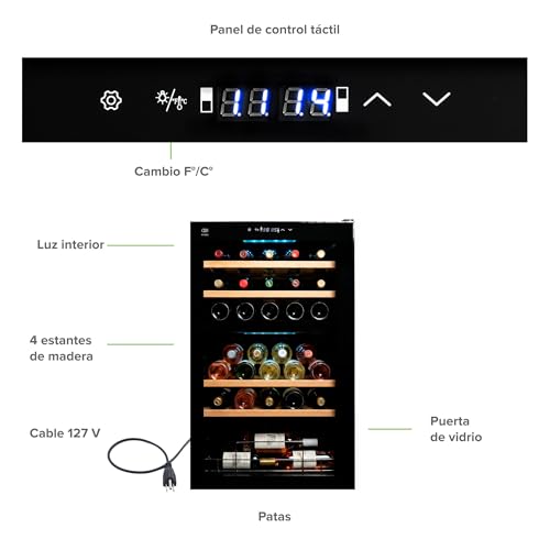 AVERA Cava de vinos para 33 botellas, Capacidad 88 L, Doble zona de enfriamiento, Temperatura 5 a 18°C, Panel de control táctil, Luz LED, Bloqueo automático, Enfriamiento por compresor | EV33