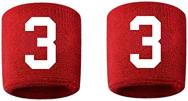 CustomSweatbands #3 Embroidered/Stitched Sweatband Wristband RED Sweat Band w/White Number (2 Pack)
