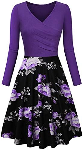 UOKNICE Dresses for Womens, Casual Vintage Long Sleeve V-Neck Print Evening Party Prom Swing Blouses Tops Dress
