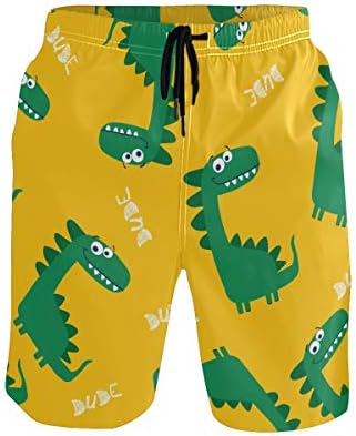 SENNSEE Green Cute Dinosaur Yellow Swimming Trunks for Men Boy Quick Dry Beach Shorts with Pockets