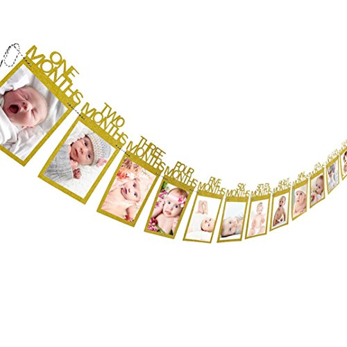 Muxika Baby Growth Record 1-12 Mouth Photo Rope Banner for 1st Birthday Party Decoration (Gold)