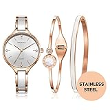MAMONA Women's Quartz Watch Gift Set Crystal Accented Ceramic and Stainless Steel Rose-Gold L3877RGGT
