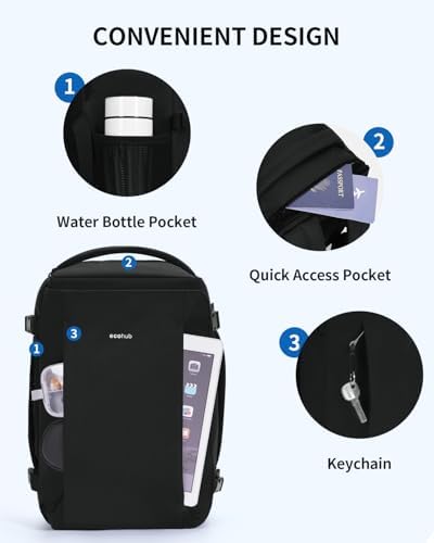 Sac à Dos Cabine Ryanair 40x20x25 pour Avion sous Siège, Sac à Dos Ordinateur 14 Pouces Imperméable, Sac de Voyage en Pet Recyclé pour Femme et Homme, Bagage Cabine Compact, Noir