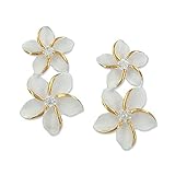 Sterling Silver with 14kt Yellow Gold Plated Accents Double Plumeria Synthetic CZ Drop Earrings