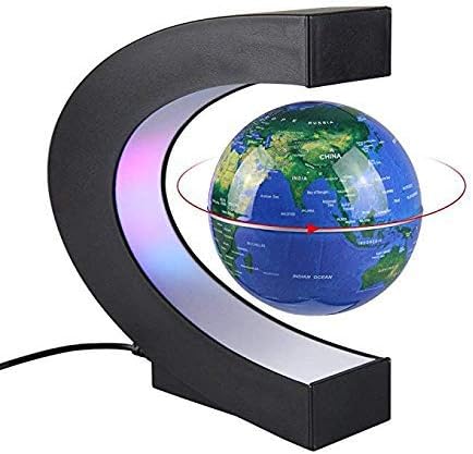 Magnetic Levitation Floating World Map Globe with C Shape Base Rotating Planet Anti Gravity Floating Globe with LED Lights,Blue