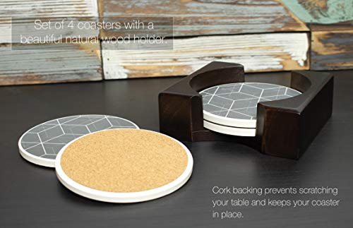 Coaster Set of 4 with Holder | Stone Drink Coasters Set, Geometric. Absorbent with Beautiful Wood Holder | Made of Ceramic with Cork Back, Absorbs Spills