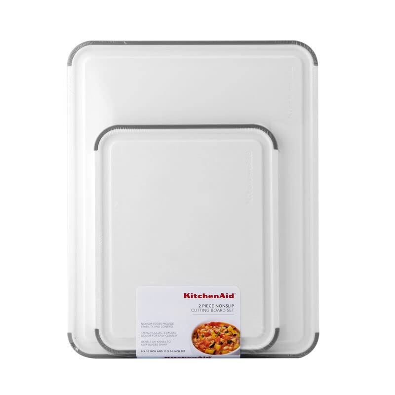 KitchenAid Classic Nonslip 2-Piece Plastic Cutting Board Set with Perimeter Trench and Non Slip Edges, 2-Piece Kitchen Chopping Boards, Dishwasher-Safe, White and Gray