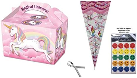 Unicorn Party Food Boxes and Sweet Cone Loot Favour Party Bags & Twist Ties (15 Sets)