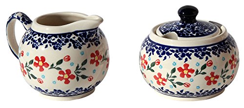 Polish Pottery Sugar Bowl and Creamer From Zaklady Ceramiczne Boleslawiec #694/711-964 Classic Pattern, Sugar Bowl: Height: 3.7" Creamer: Height: 3.4"