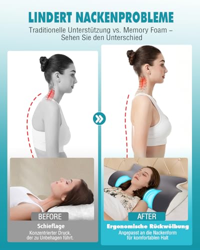 Neck Pillow Neck Pain Ergonomic Memory Foam Neck Support Pillow, Orthopaedic Pillow Against Neck Pain, Sleeping Pillow for Side Sleepers, Back and Stomach Sleepers 65 x 40 x 11/14 cm