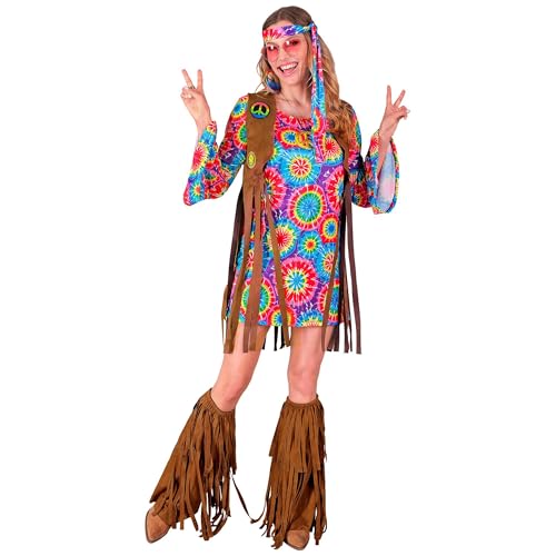 W WIDMANN MILANO Party Fashion - Hippie Costume Womens 4-Piece Dress, Vest, Headband & Peace Chain, Carnival & Festival