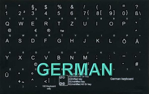 GERMAN NON-TRANSPARENT KEYBOARD STICKERS ON BLACK BACKGROUND FOR DESKTOP, LAPTOP AND NOTEBOOK