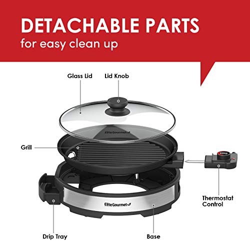 Elite Gourmet EMG6505G Smokeless Indoor Electric BBQ Grill with Glass Lid, Dishwasher Safe