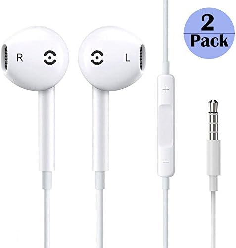 2PACK Premium Earphones/Earbuds/Headphones with Stereo Mic&amp;Remote Control for iPhone iPad iPod Samsung Galaxy and More Android Smartphones Azaamo (2Pack White)