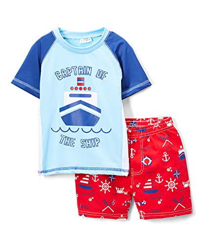 Sweet & Soft Baby Boys 4-Piece Rash Guard and Trunk Swimsuit Set (Infant/Toddler) (Boat, 12 Months)'