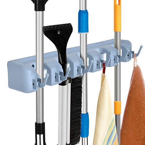Auwey Broom Mop Holder Wall Mount Hook Gripper Slot, Garden Storage Rack Mop Broom Handle Kitchen Storage Garage Garden Tools Commercial Organizer Grey (5 Position 6 Hooks) - Thumbnail 7