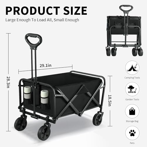 Yoawllty Trolley Cart,Collapsible Folding Wagon with All Terrain Wheels and Drink Holders,Portable Large Wagon for Camping,Shopping,Garden and Beach,Grass,Sand,Fishing(Black)