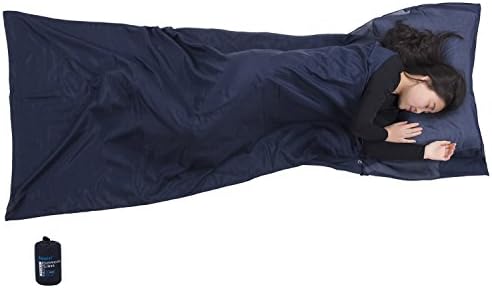 Silk/Cotton Sleeping Bag Liner, Travel Sheet by Browint, 87"x35" Travel Sleep Sack for Hotels, Super Soft and Lightweight (6 oz.) Sleep Sheet with Pillow Pocket, Navy &amp; Natural Colors for Option